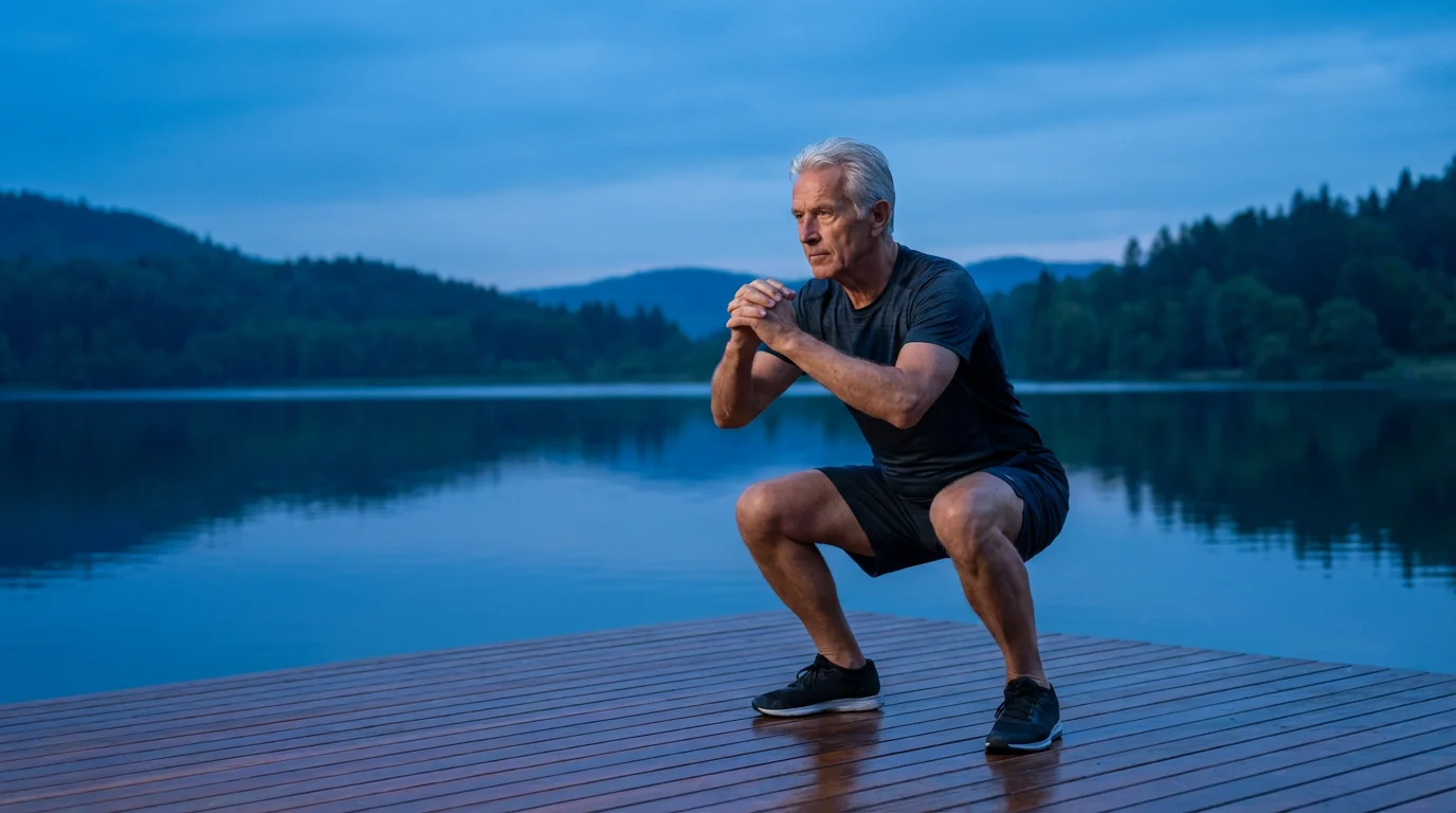 A senior man performs a bodyweight squat on an outdoor deck at dusk.
