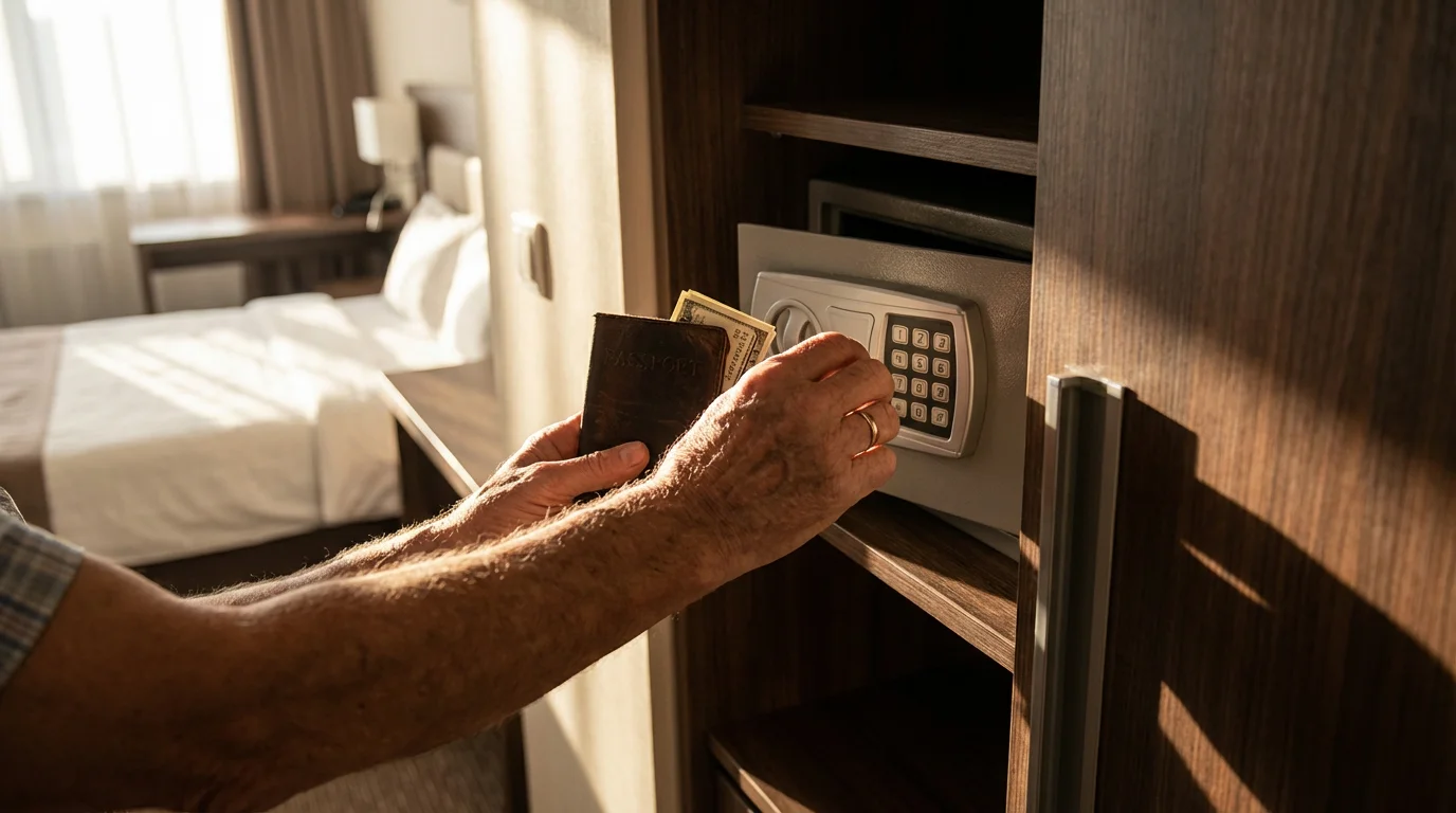 A senior man placing a passport and cash into a modern hotel room safe.
