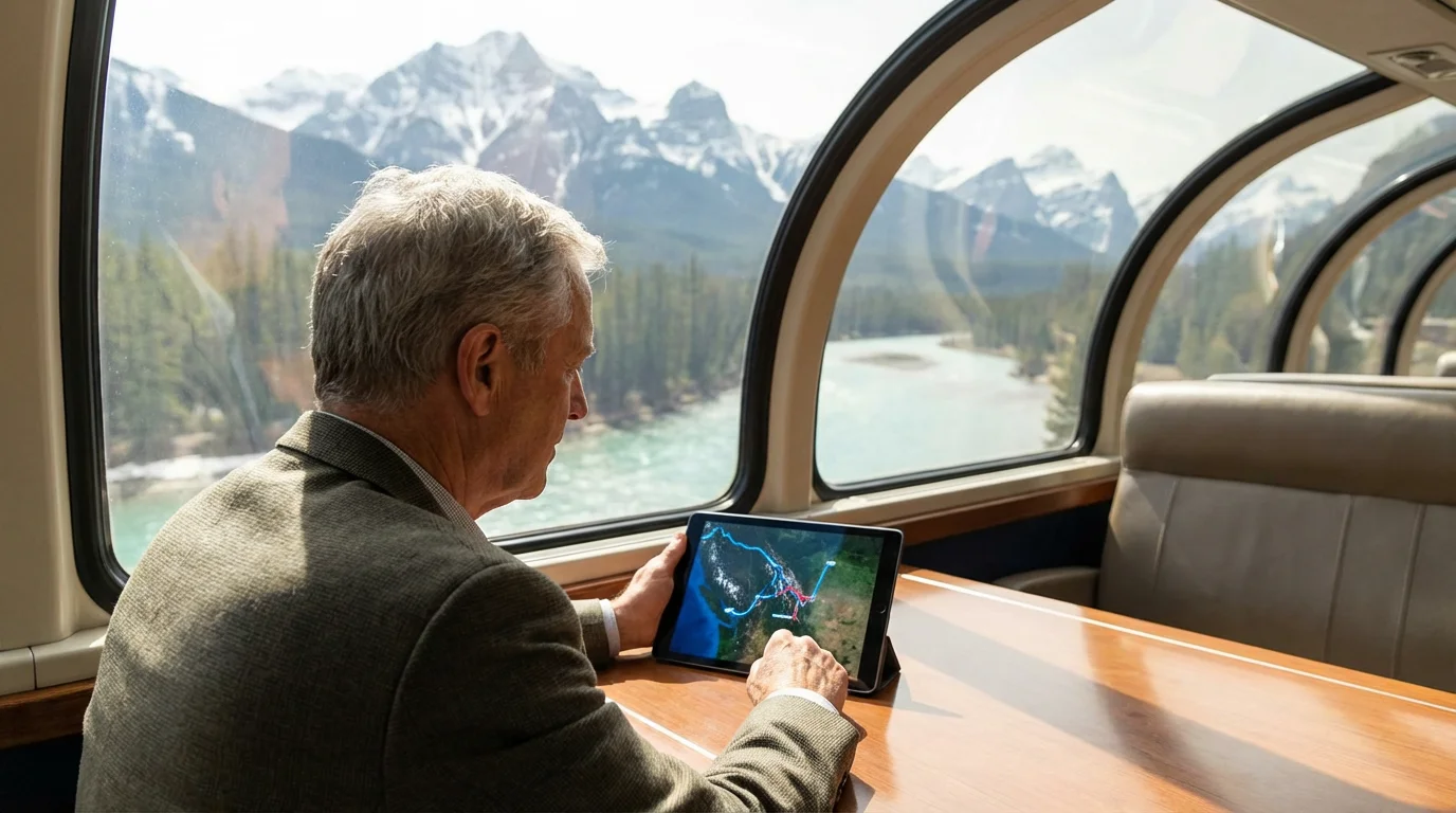 A senior man plans a train route on a tablet inside a glass-domed car.