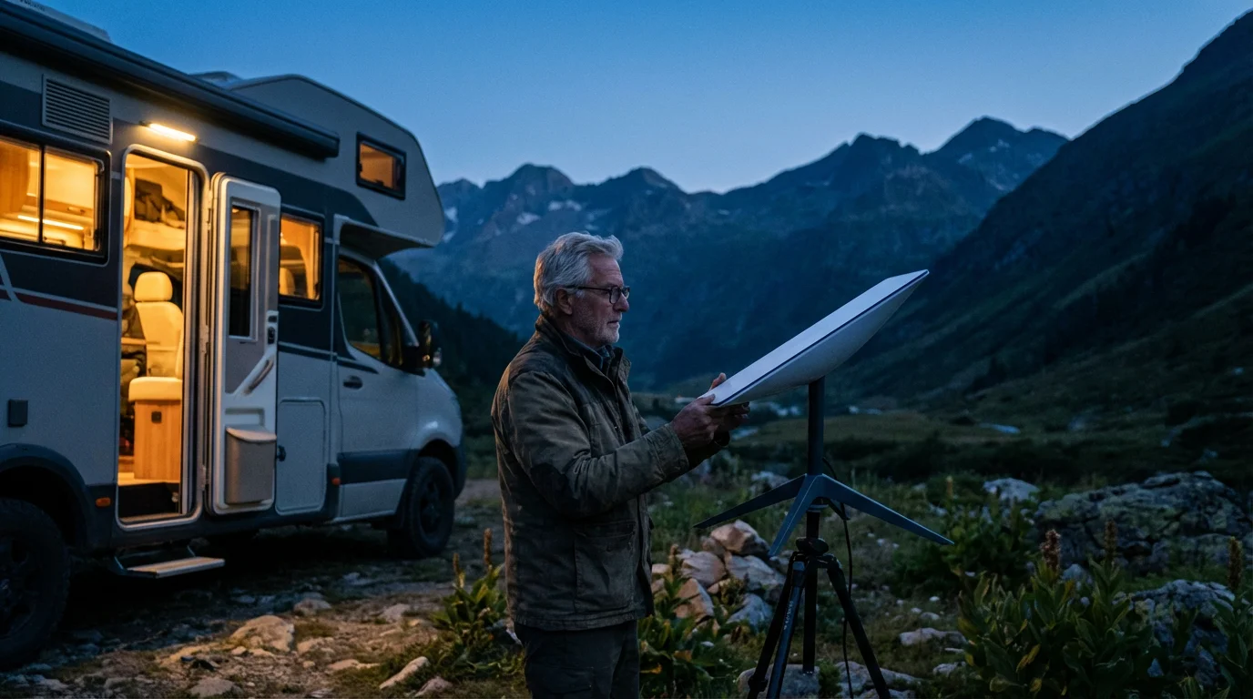 A senior man sets up a satellite internet dish next to his RV at dusk.