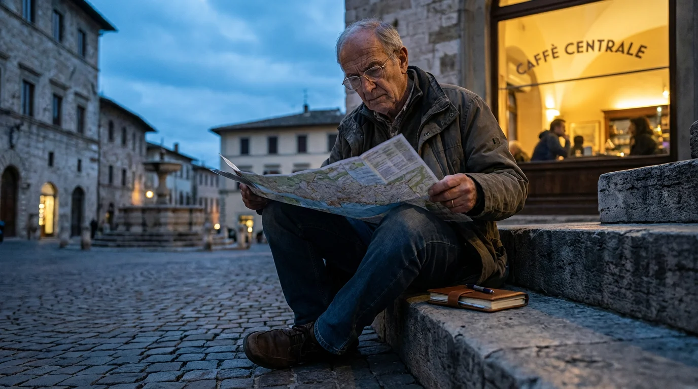 A senior man sits in a town square at dusk, looking at a map.