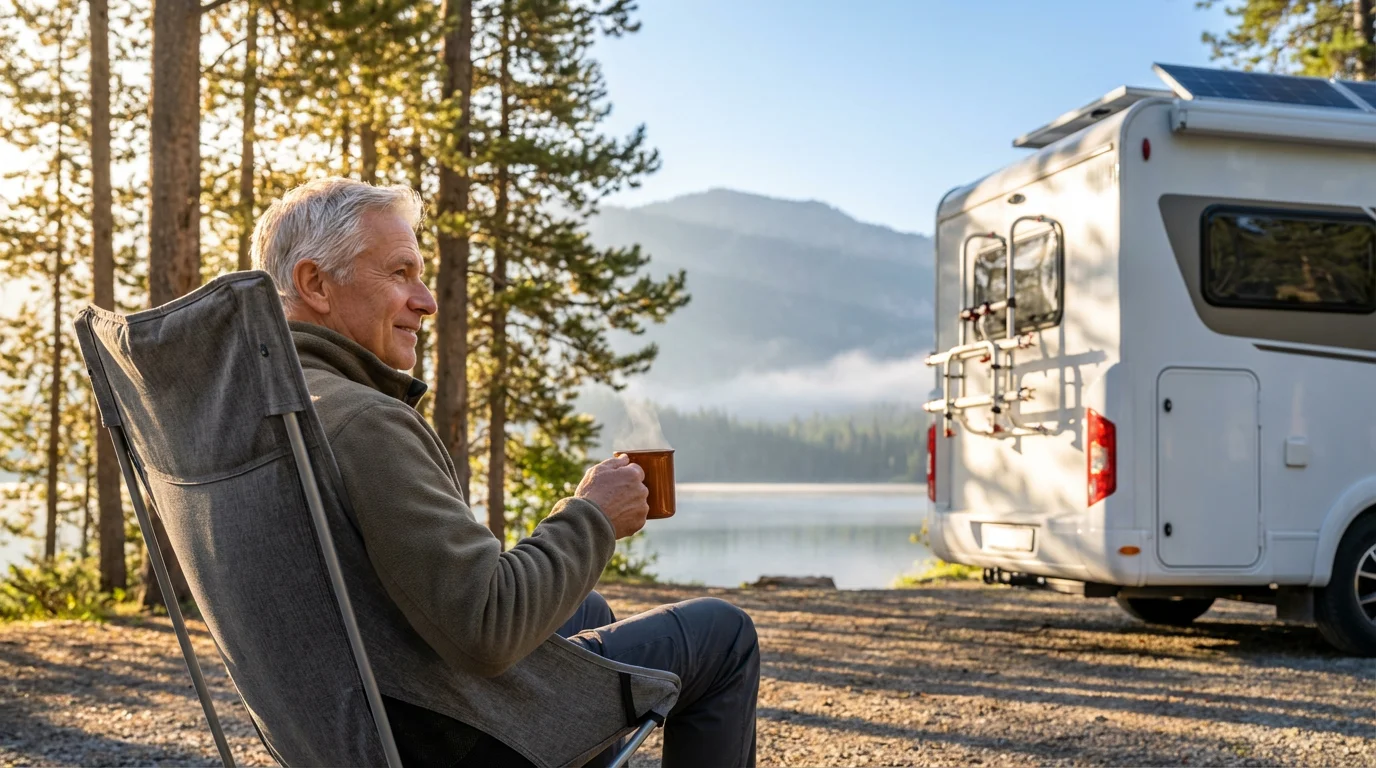 A senior man sitting in a chair, drinking coffee by his RV at sunrise.