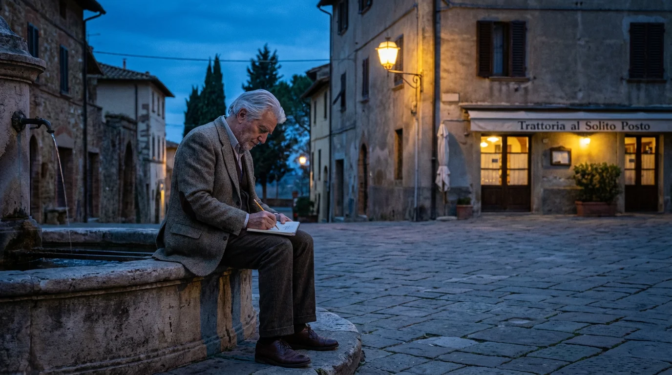 A senior man sketches by a fountain in a quiet Tuscan piazza at dusk.