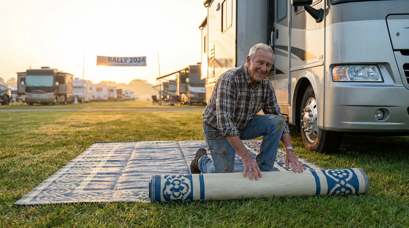 A senior man unrolls a mat next to his RV at a morning rally.