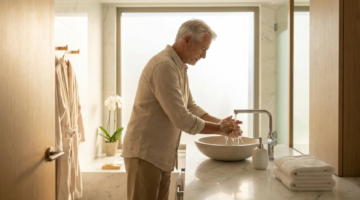 A senior man washing his hands in a bright, modern hotel bathroom in the morning.