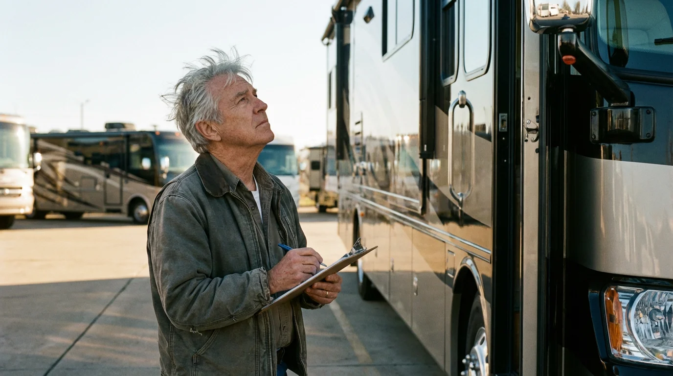 A senior man with a clipboard inspects a large motorhome in the afternoon sun.