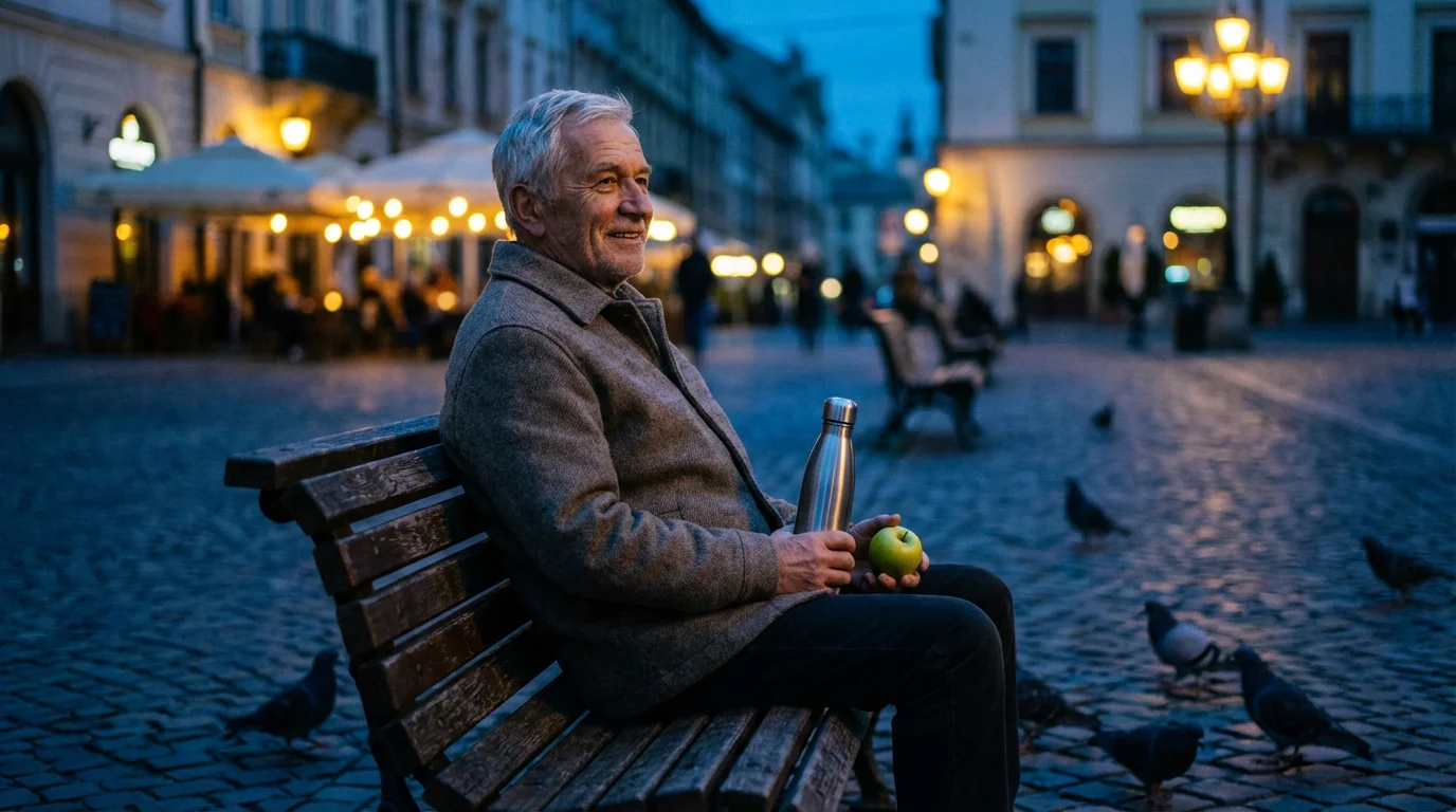 A senior man with a water bottle and an apple on a European bench.