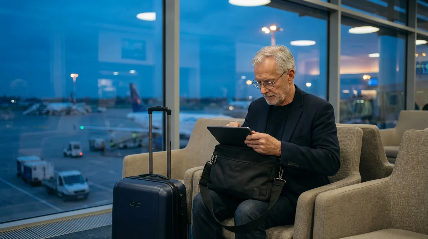 A senior man with his carry-on bag and personal item in an airport lounge.