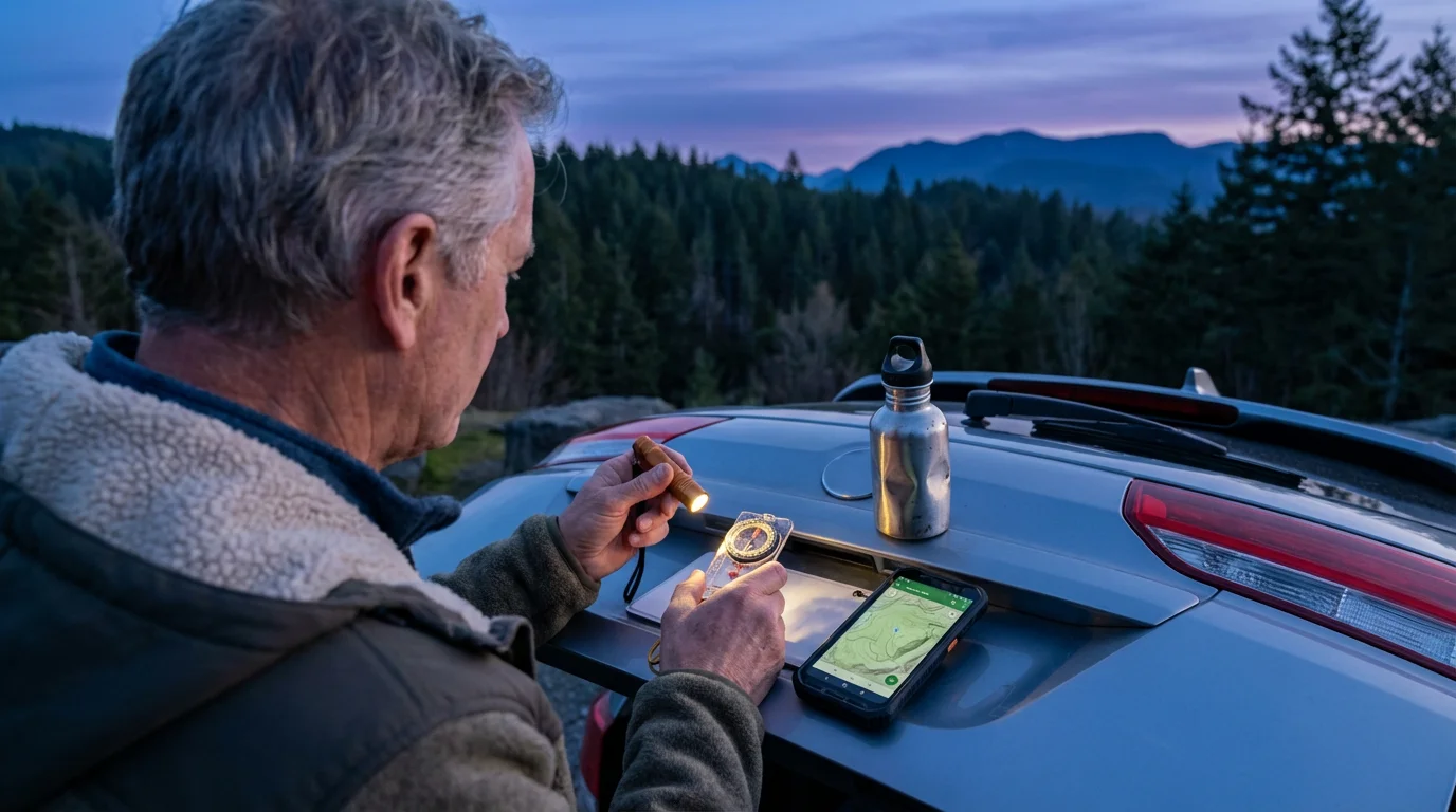 A senior person organizing geocaching gear on a car tailgate at dusk.