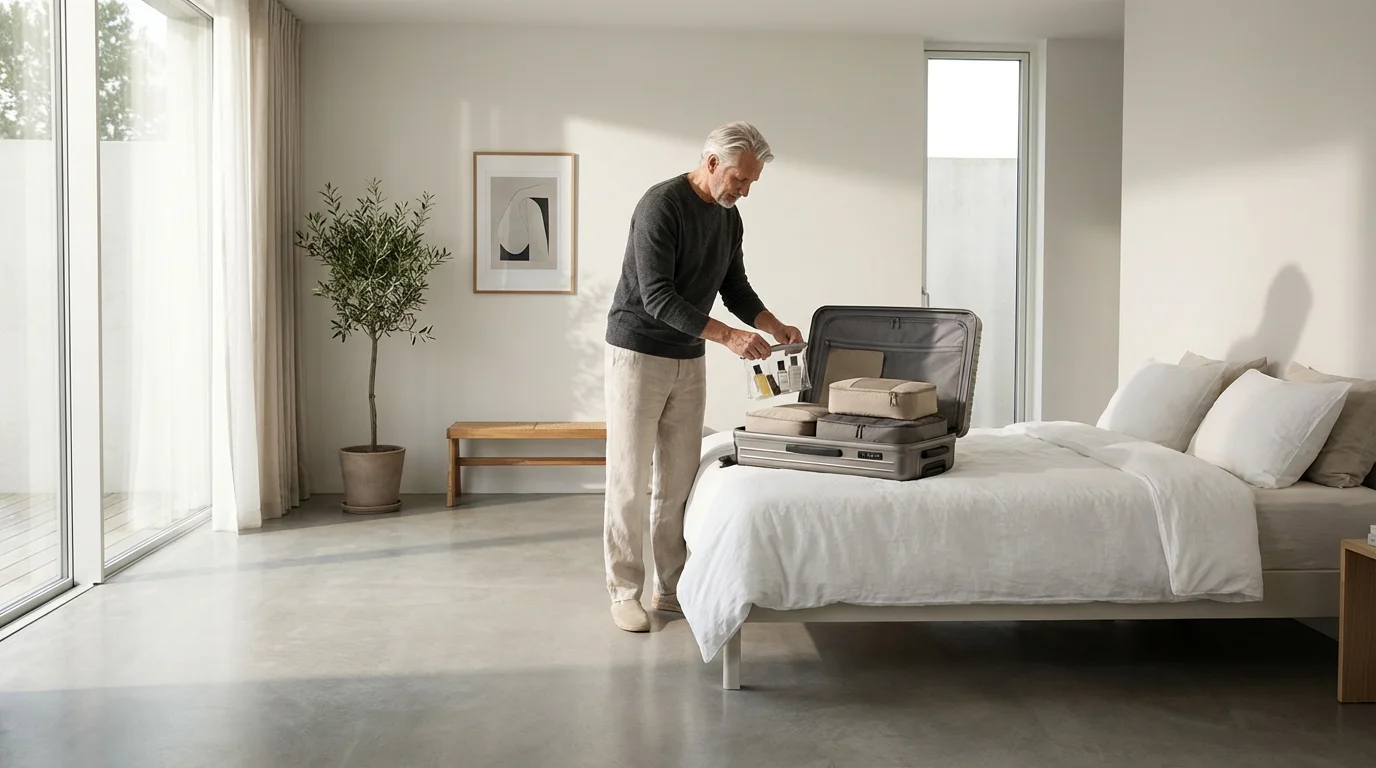 A senior person organizing travel-sized toiletries and medications on a bed beside an open suitcase.