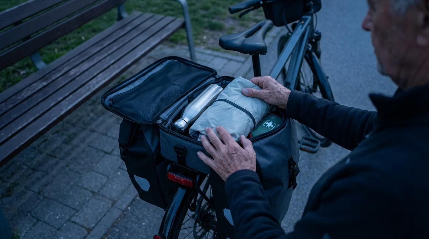 A senior person packing essential gear into a bicycle pannier bag at dusk.