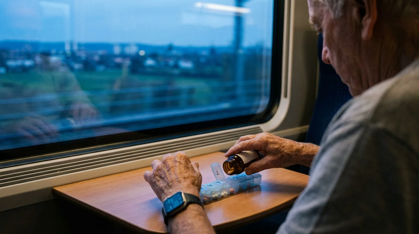 A senior person's hands organizing medication into a pill case inside a train at dusk.
