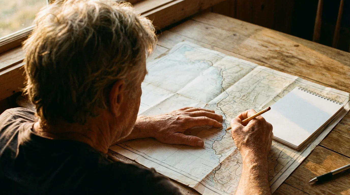 A senior person's hands tracing a route on a coastal map during golden hour.