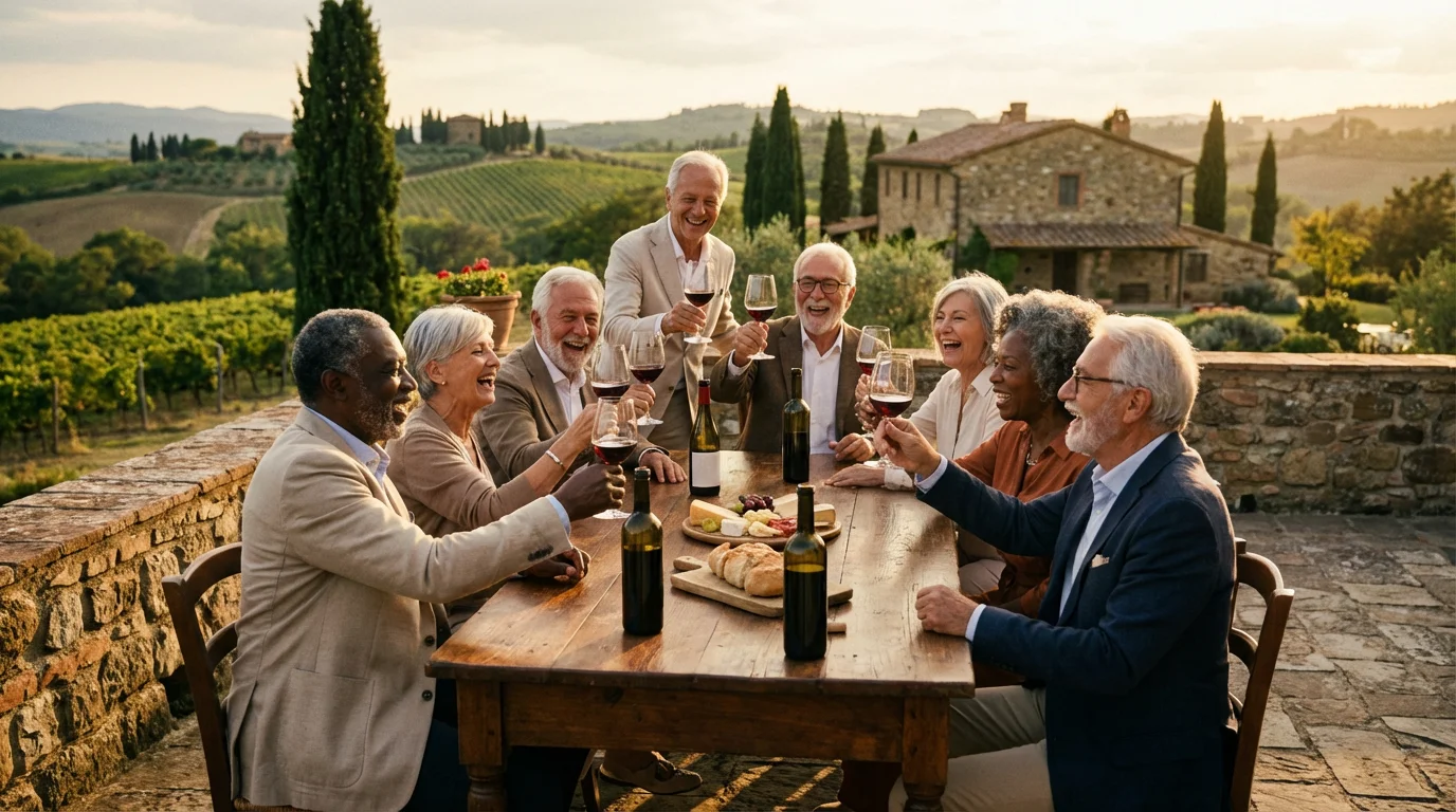 A senior tour group laughing and enjoying a wine tasting on a terrace in Tuscany.