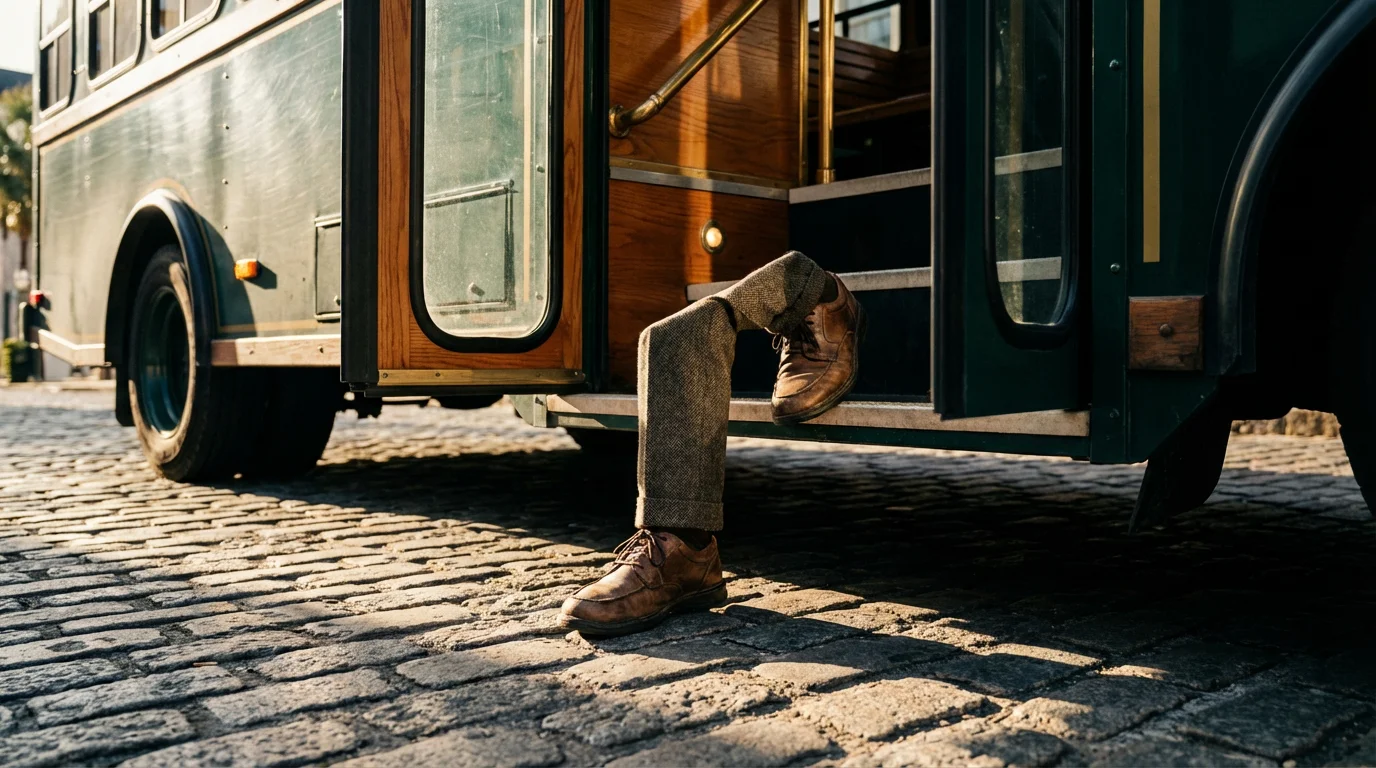 A senior traveler's feet stepping onto an accessible public trolley on a Charleston cobblestone street.