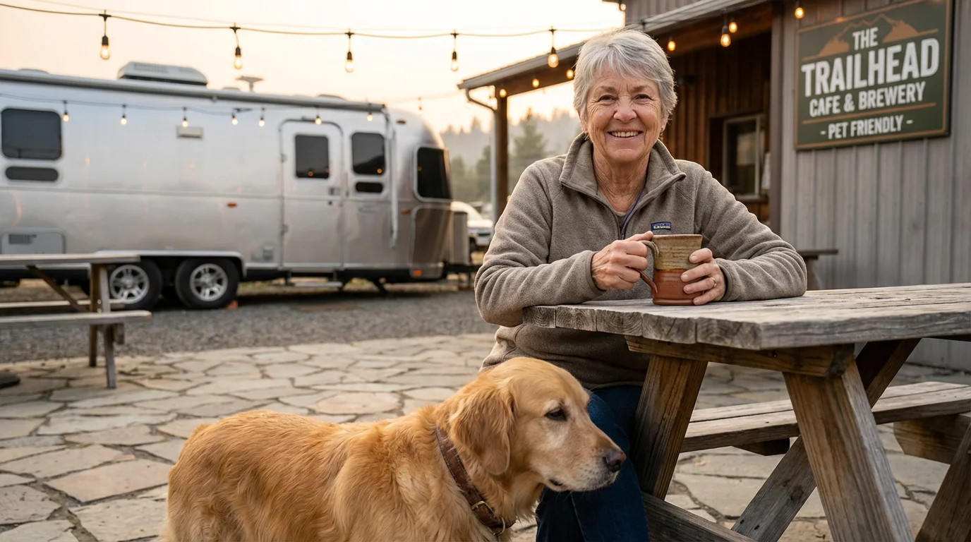 A senior woman and her golden retriever relaxing at a pet-friendly outdoor patio.