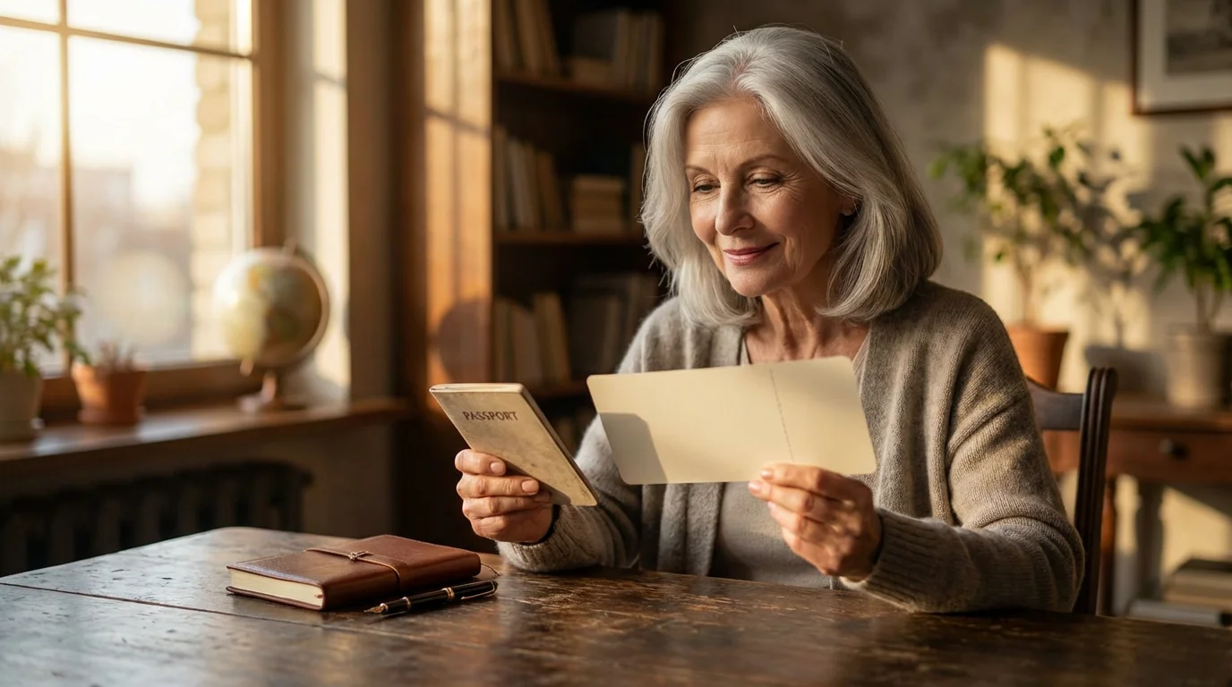 A senior woman at a desk organizing her passport and travel documents for a trip.