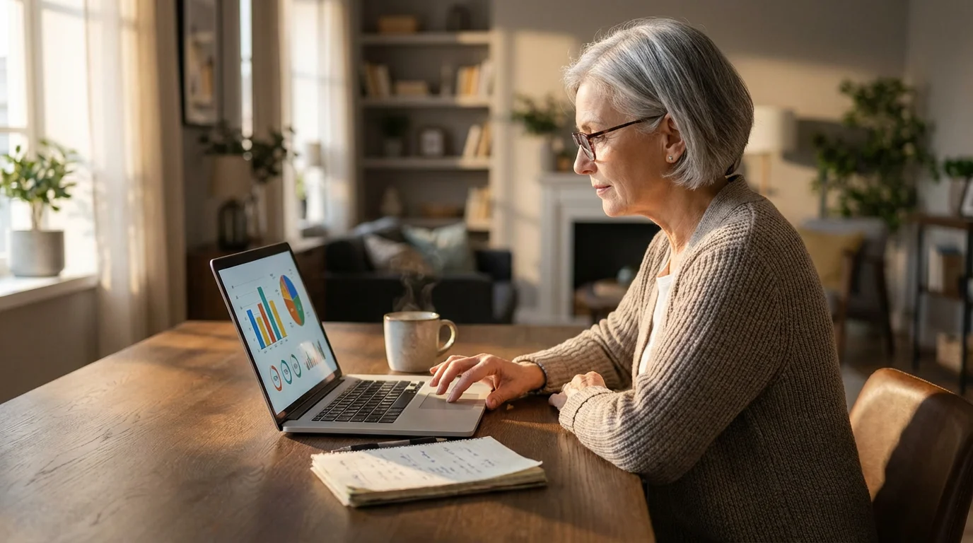 A senior woman at a desk with moody lighting, using a laptop to plan travel.