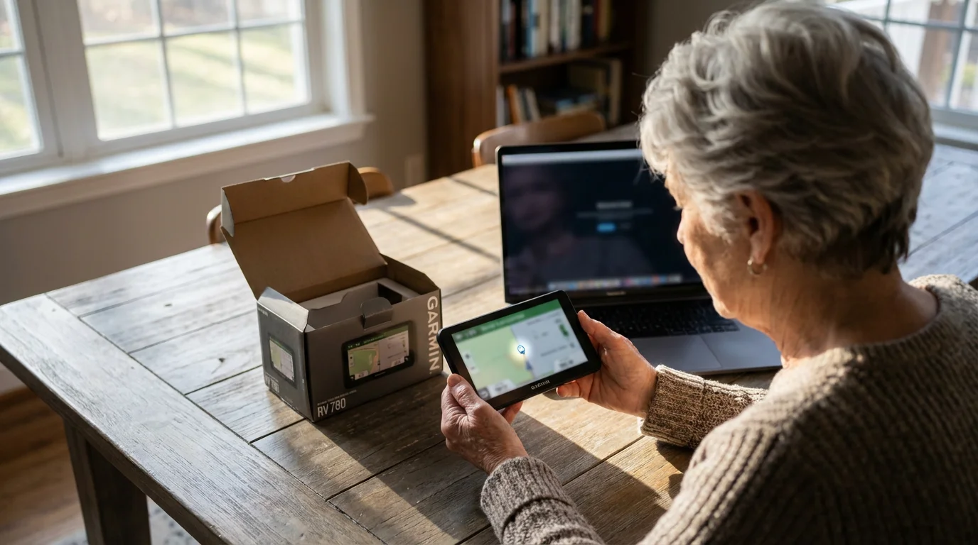 A senior woman at a sunlit table thoughtfully examines a dedicated RV GPS unit.