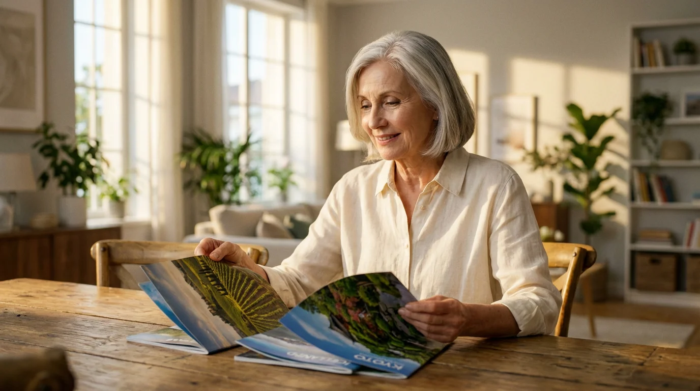 A senior woman at a table in golden hour light choosing from travel brochures.