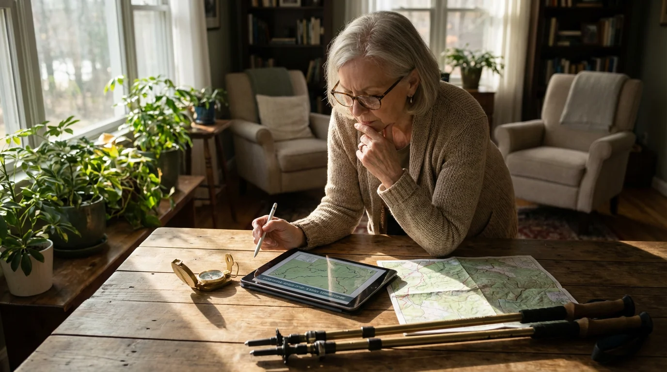 A senior woman at a table planning an accessible outdoor adventure using a map.