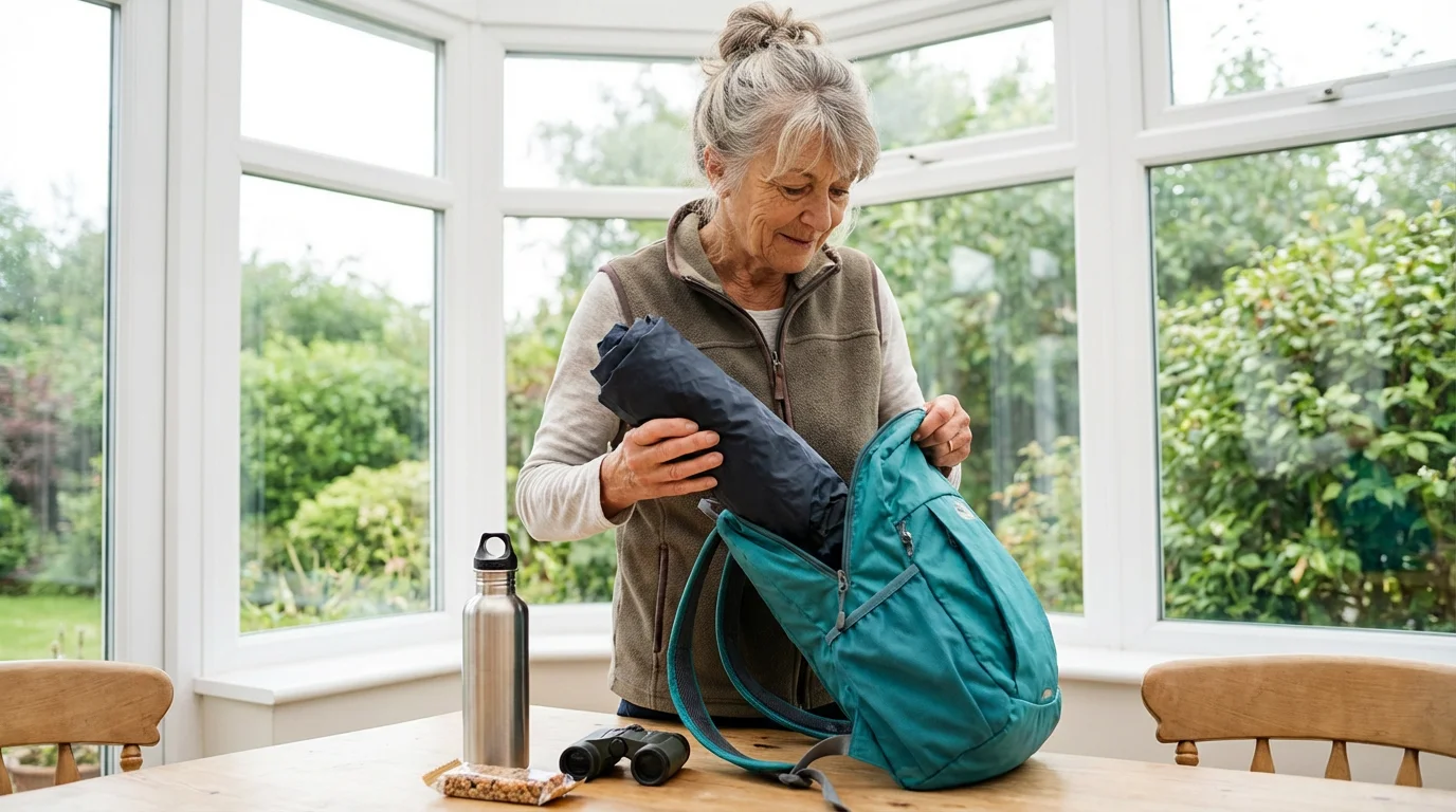 A senior woman carefully packs a hiking backpack with a water bottle and jacket.