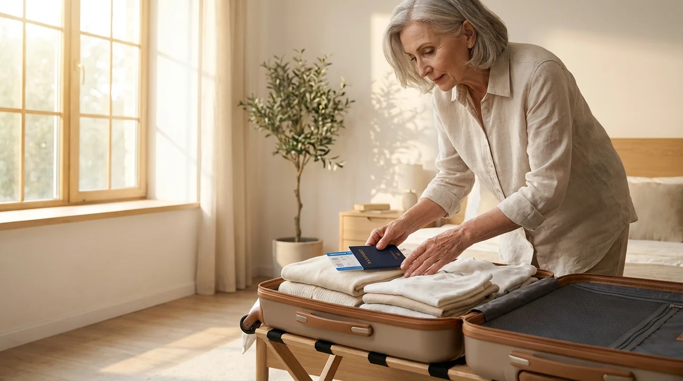 A senior woman carefully packs a passport and ticket into her suitcase before a trip.