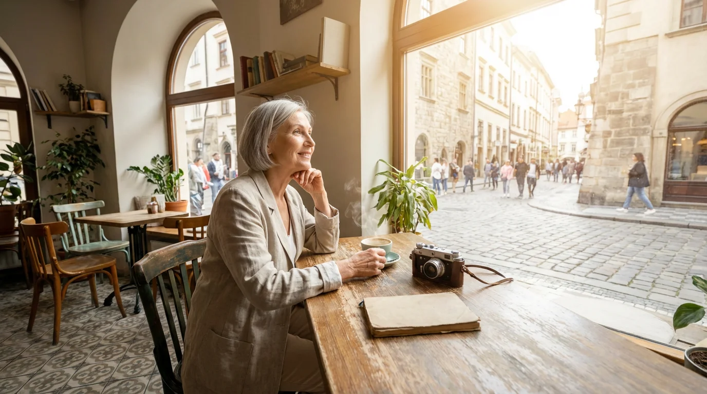 A senior woman enjoying a quiet moment in a European cafe while traveling solo.