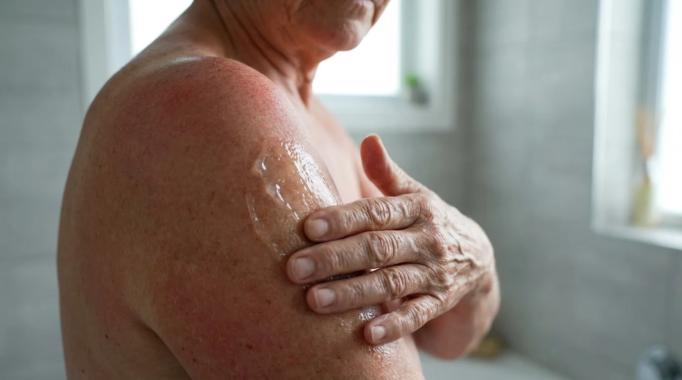 A senior woman from a low angle applying soothing aloe vera to a sunburned shoulder.