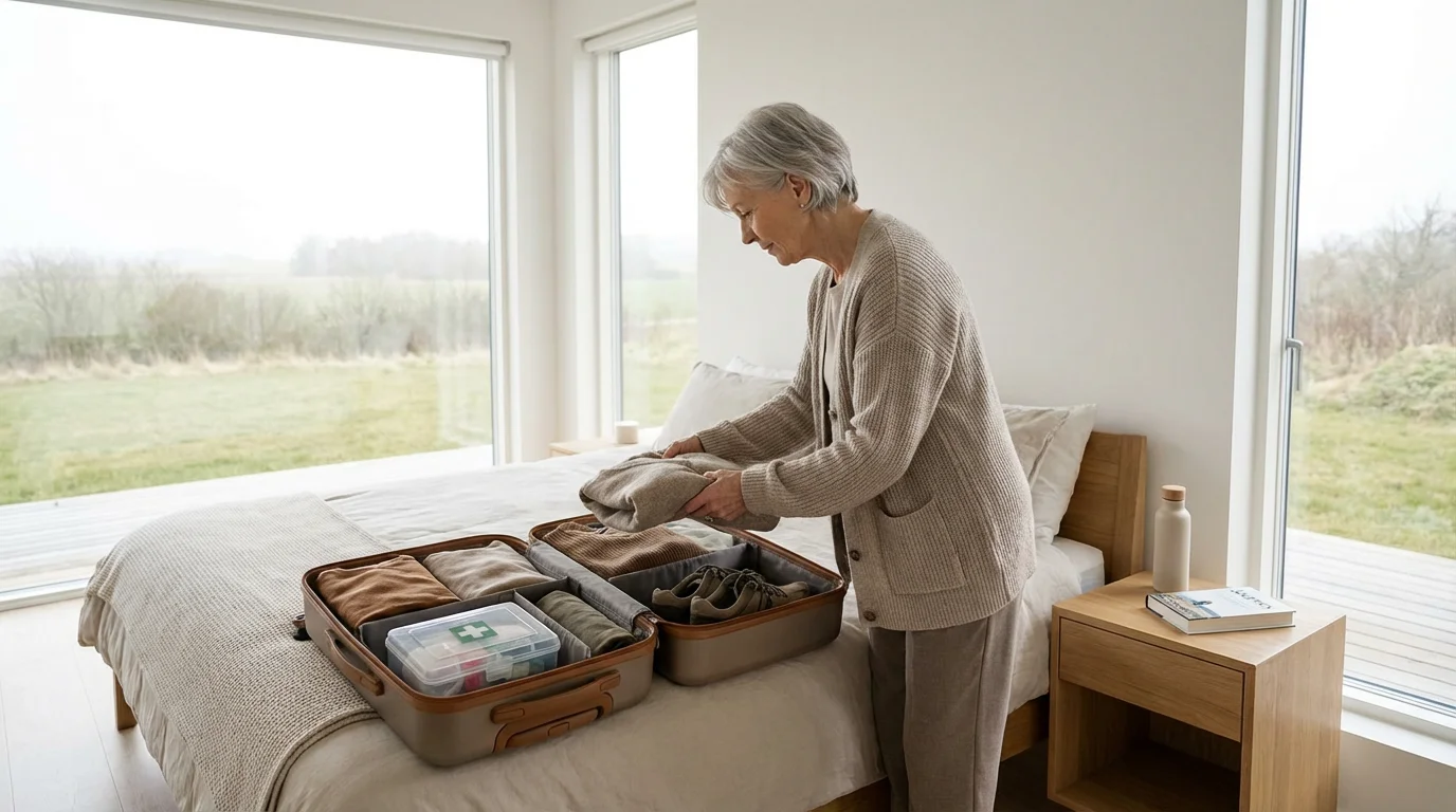 A senior woman in a bright bedroom packing a suitcase with a first-aid kit.