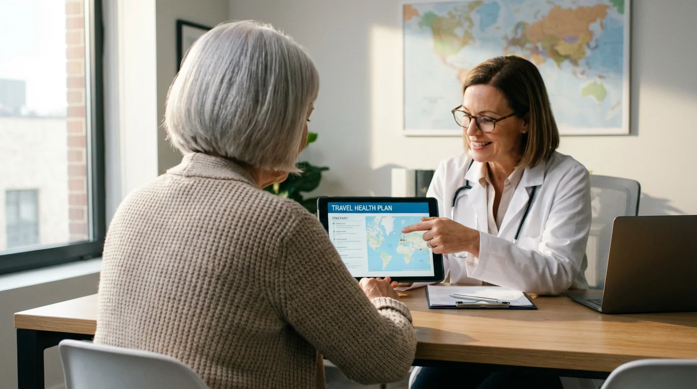 A senior woman in a bright doctor's office planning her health for an upcoming trip.