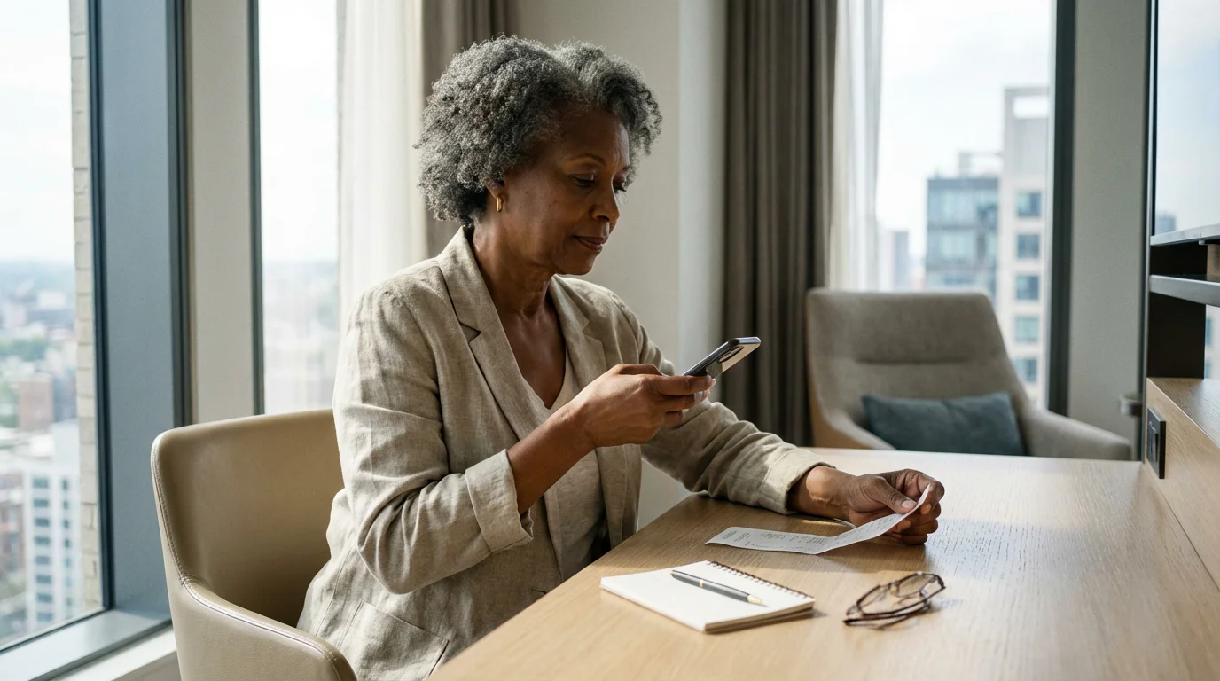 A senior woman in a hotel room photographs a document with her smartphone for insurance.