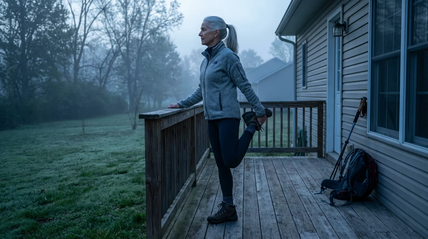 A senior woman in hiking clothes stretches on her back porch at dawn.