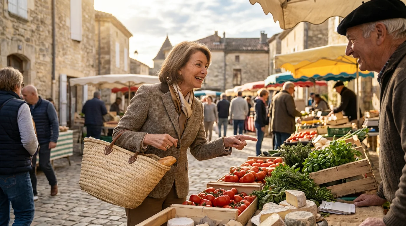 A senior woman joyfully interacts with a vendor at a vibrant French village market.