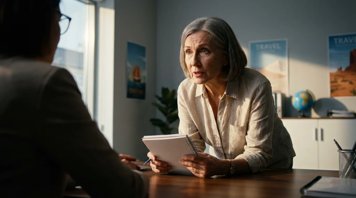 A senior woman leans over a desk, holding a notebook, asking questions at a travel agency.