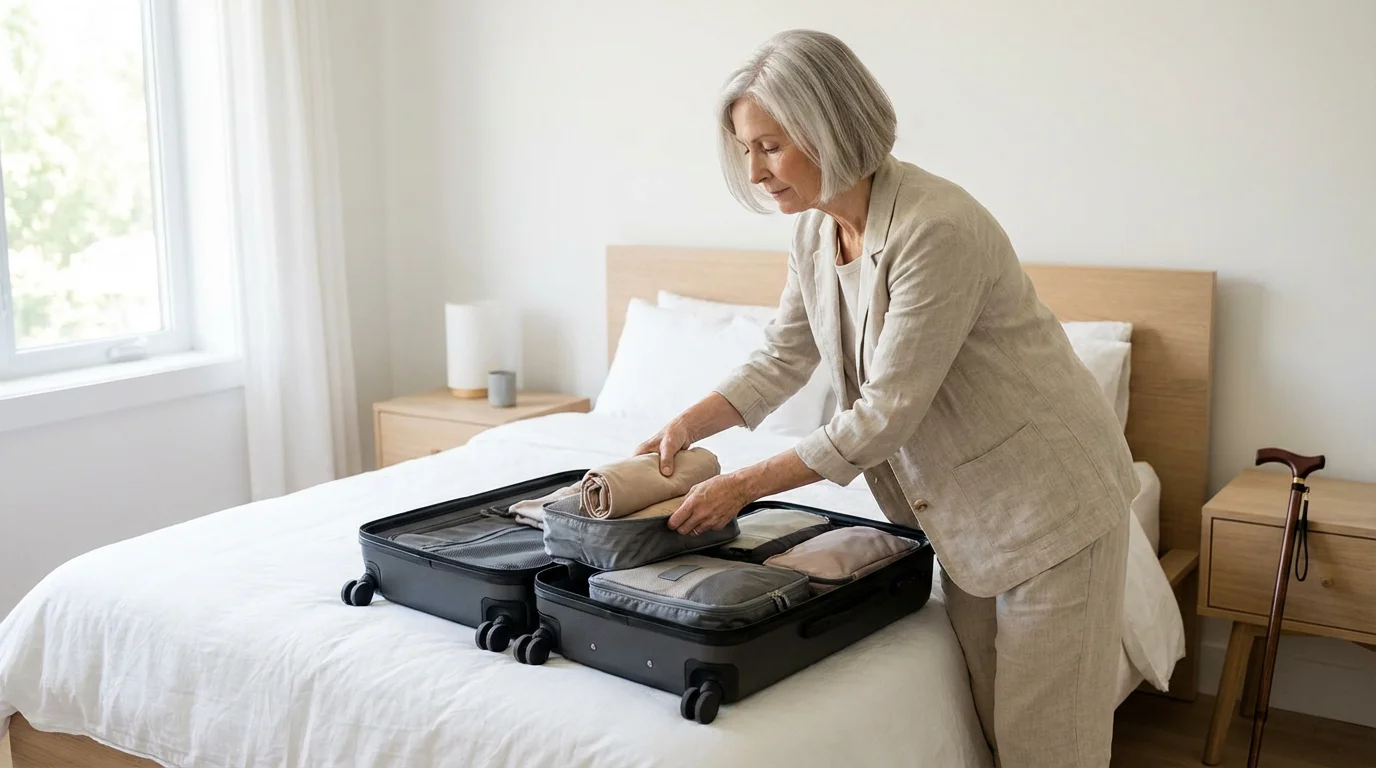 A senior woman neatly packing a suitcase with clothes organized in packing cubes.