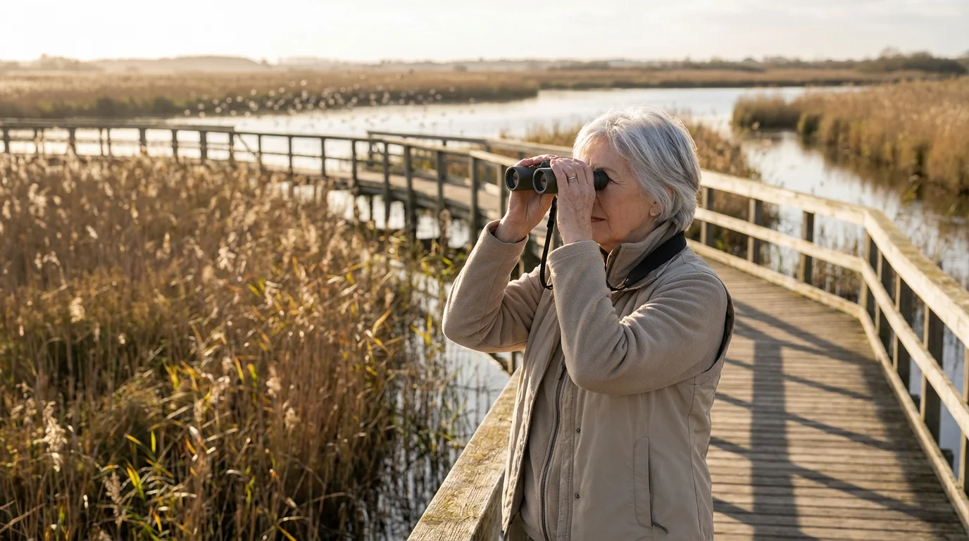 A senior woman on a boardwalk using binoculars to watch distant birds respectfully.