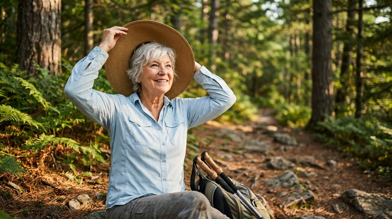 A senior woman on a hiking trail puts on a wide-brimmed sun hat.