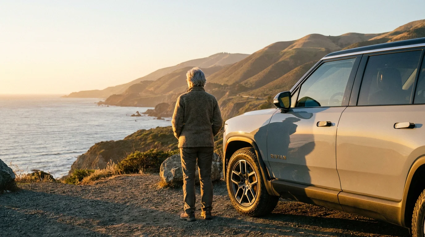 A senior woman on a solo road trip enjoying a golden hour coastal view.