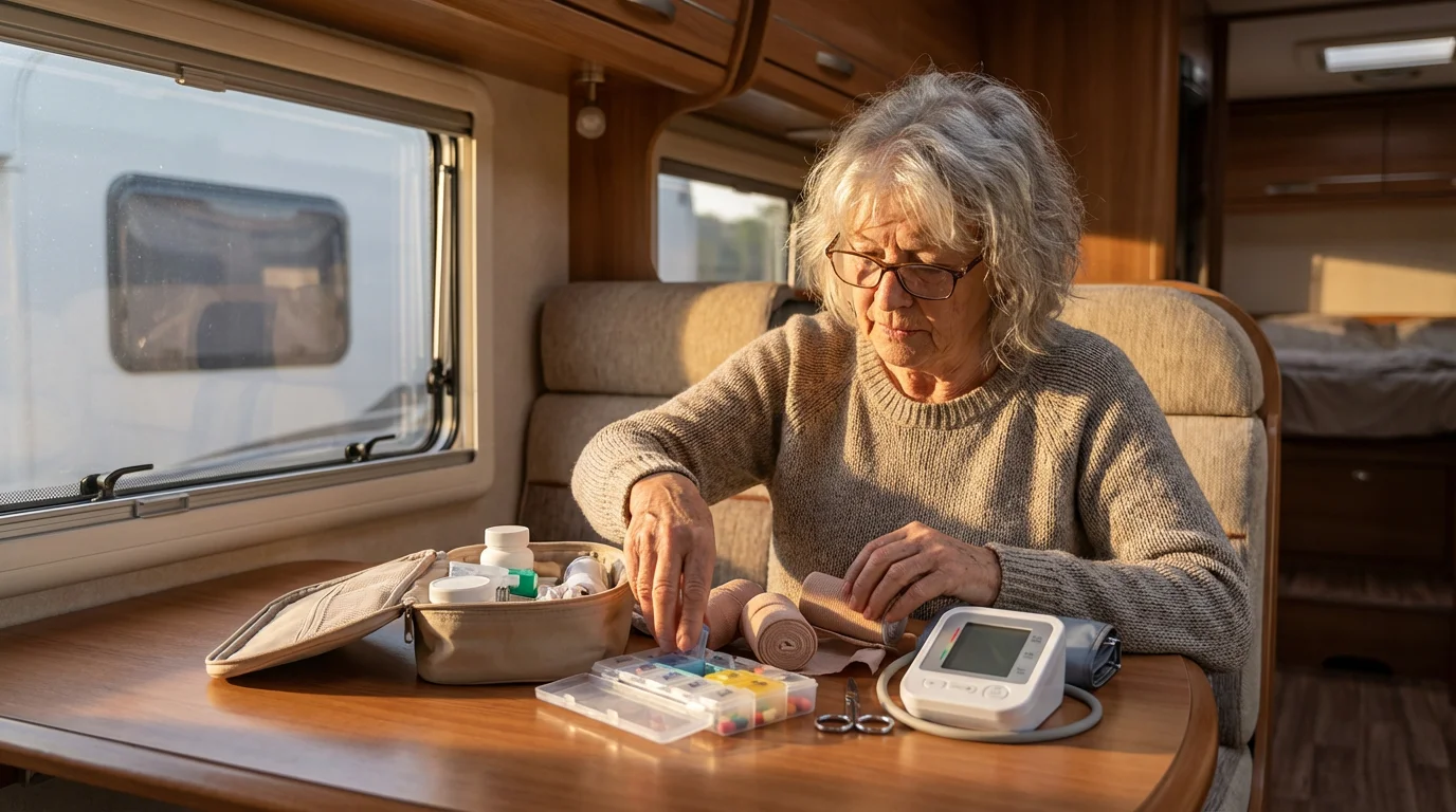 A senior woman organizes a personal medical kit inside her RV during the afternoon.