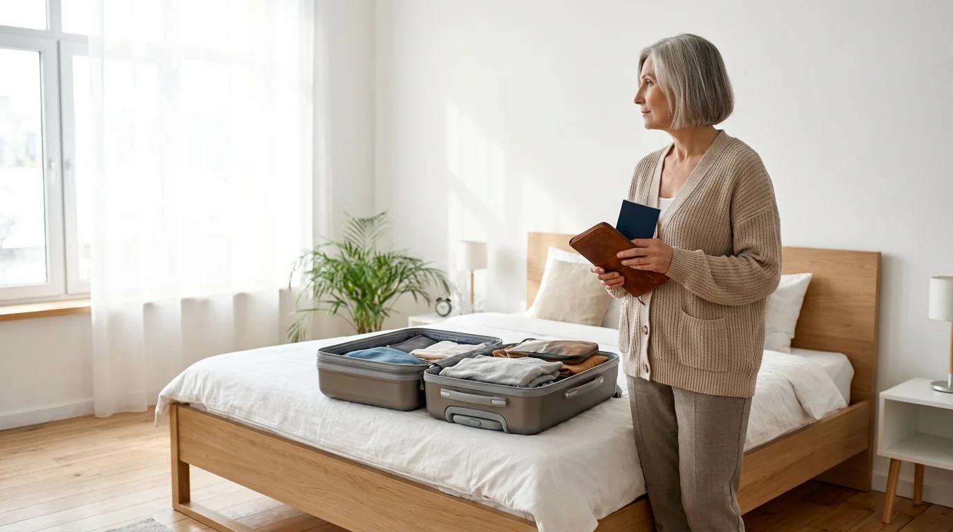A senior woman packing her suitcase with a passport in a bright, modern bedroom.
