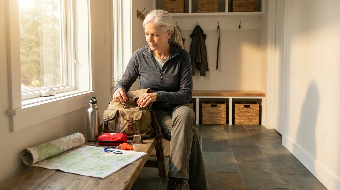 A senior woman prepares for a hike, organizing safety gear and a map in a sunlit entryway.