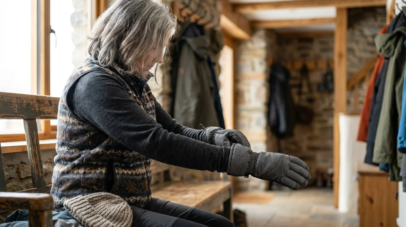 A senior woman putting on insulated gloves, showing layers for a cold weather hike.