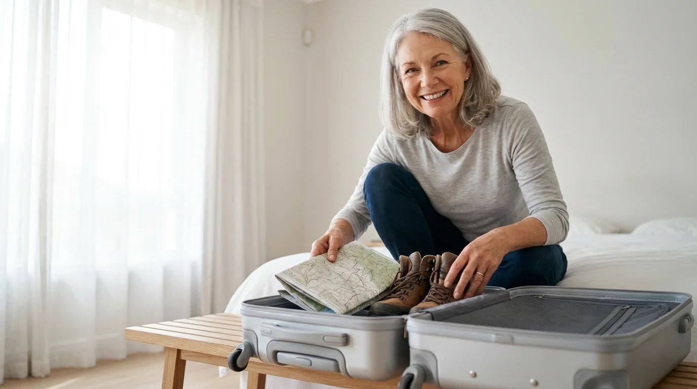 A senior woman seen from a low angle, packing walking boots into a suitcase.