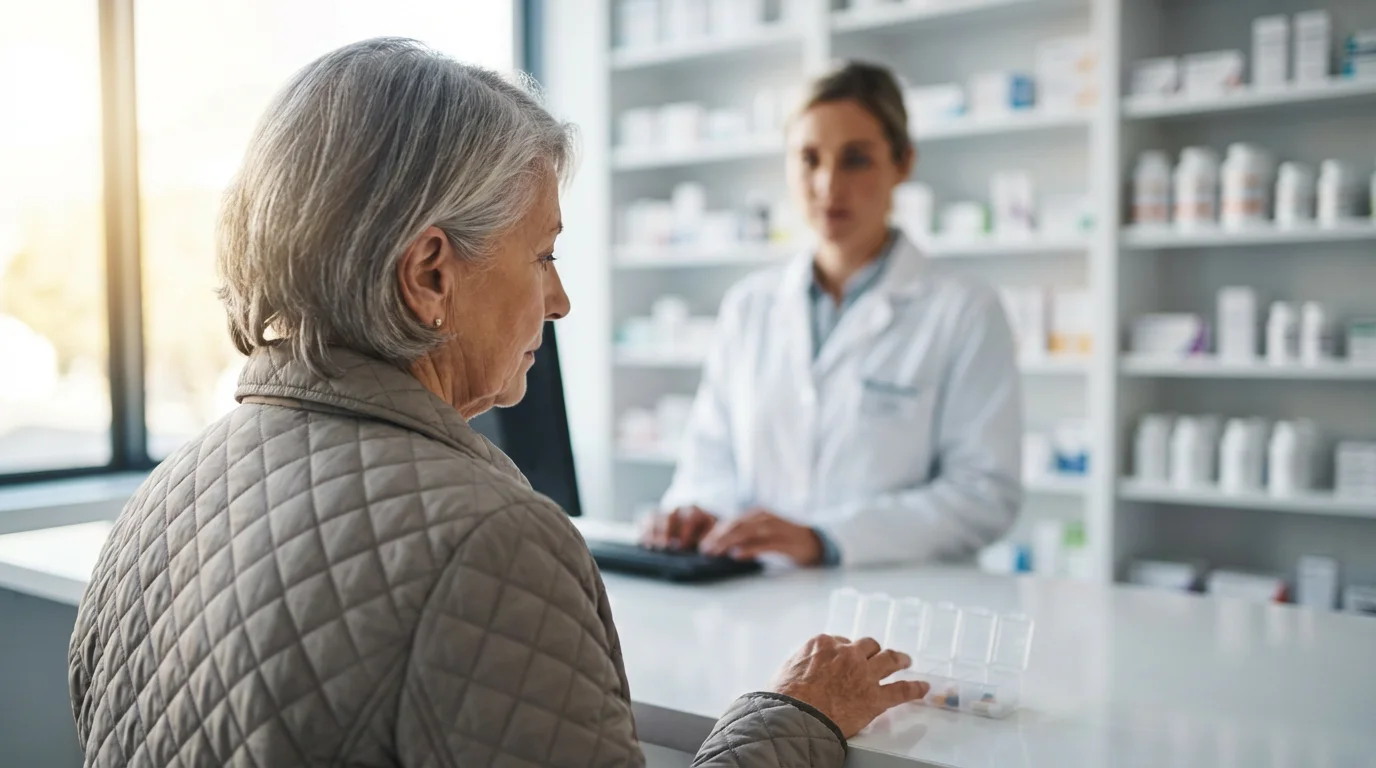 A senior woman seen from over-the-shoulder discussing medication at a modern pharmacy counter.
