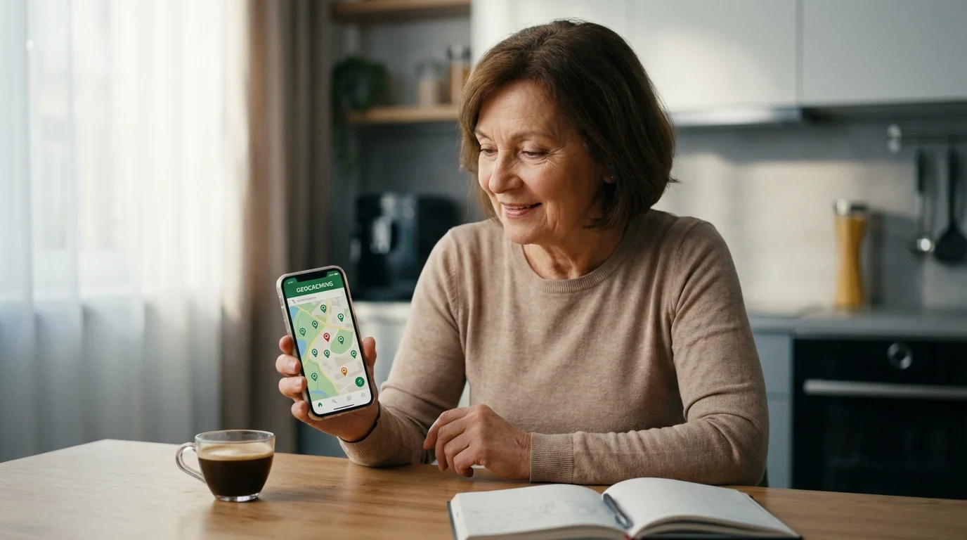 A senior woman sits at a table with natural light, using a smartphone app.