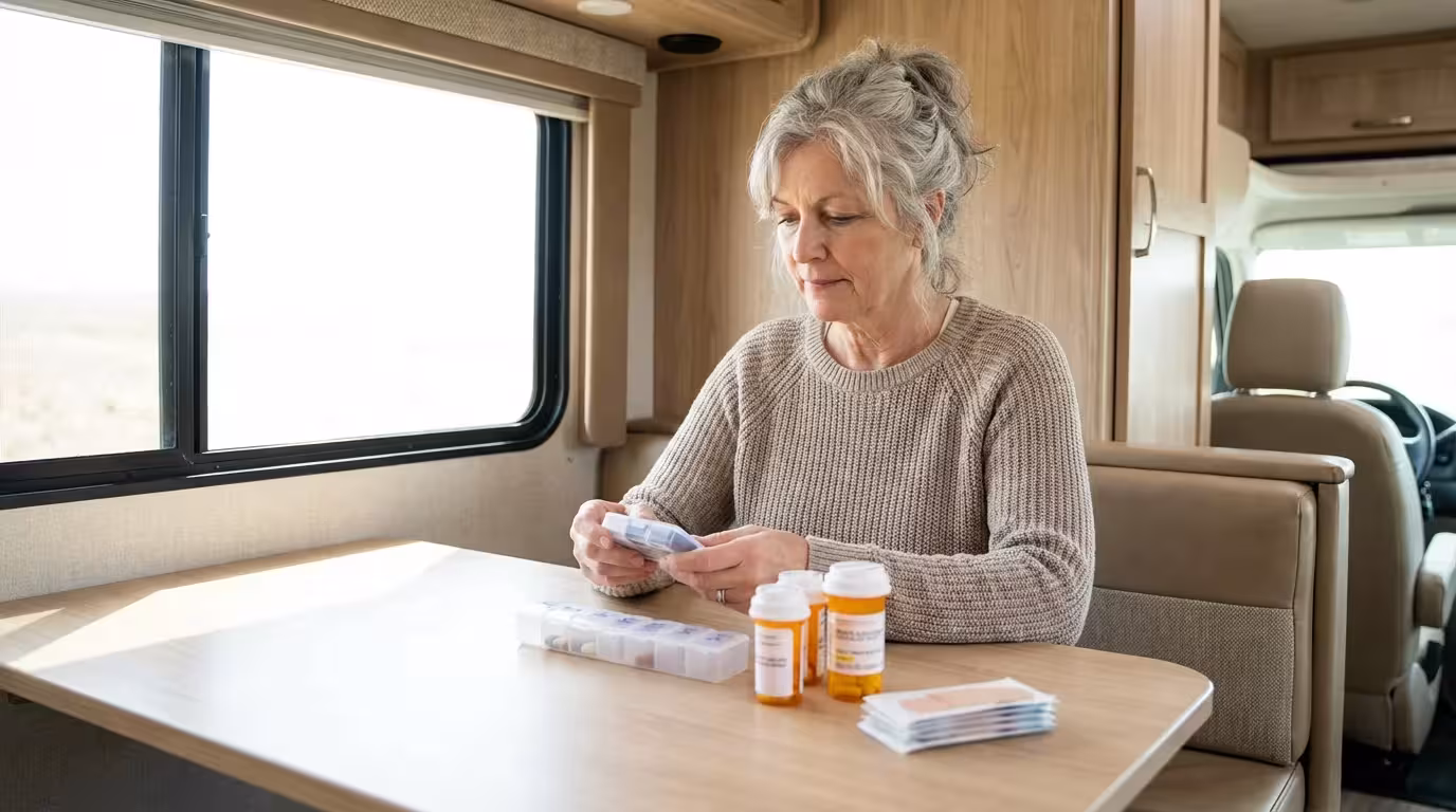 A senior woman sits inside her RV, preparing her personal medical and first-aid kit.