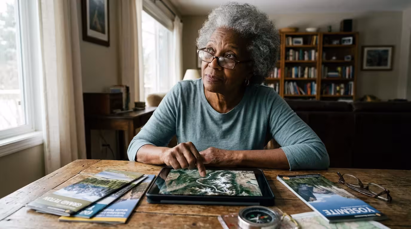 A senior woman sitting at a sunlit table, planning an accessible national park adventure.