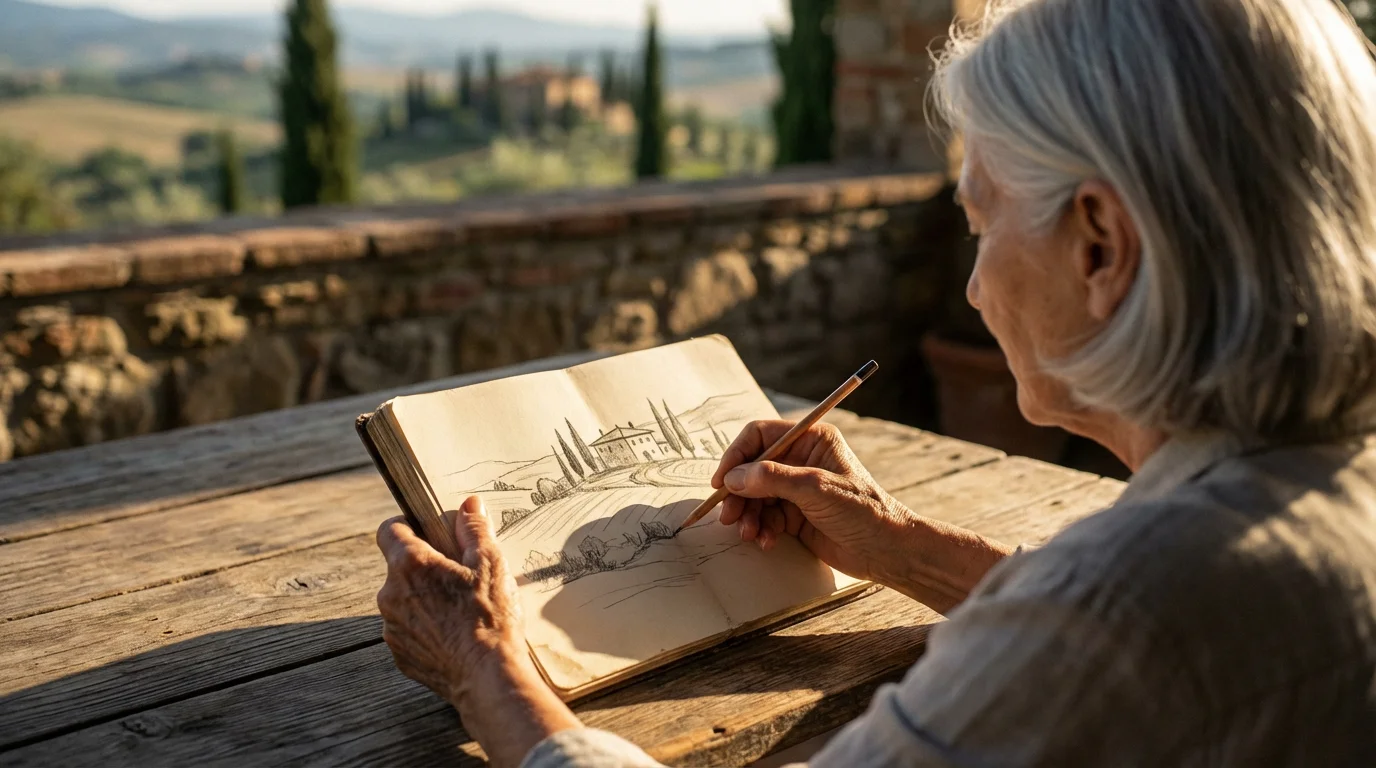 A senior woman sketches the Tuscan hills from a sunlit terrace in the afternoon.