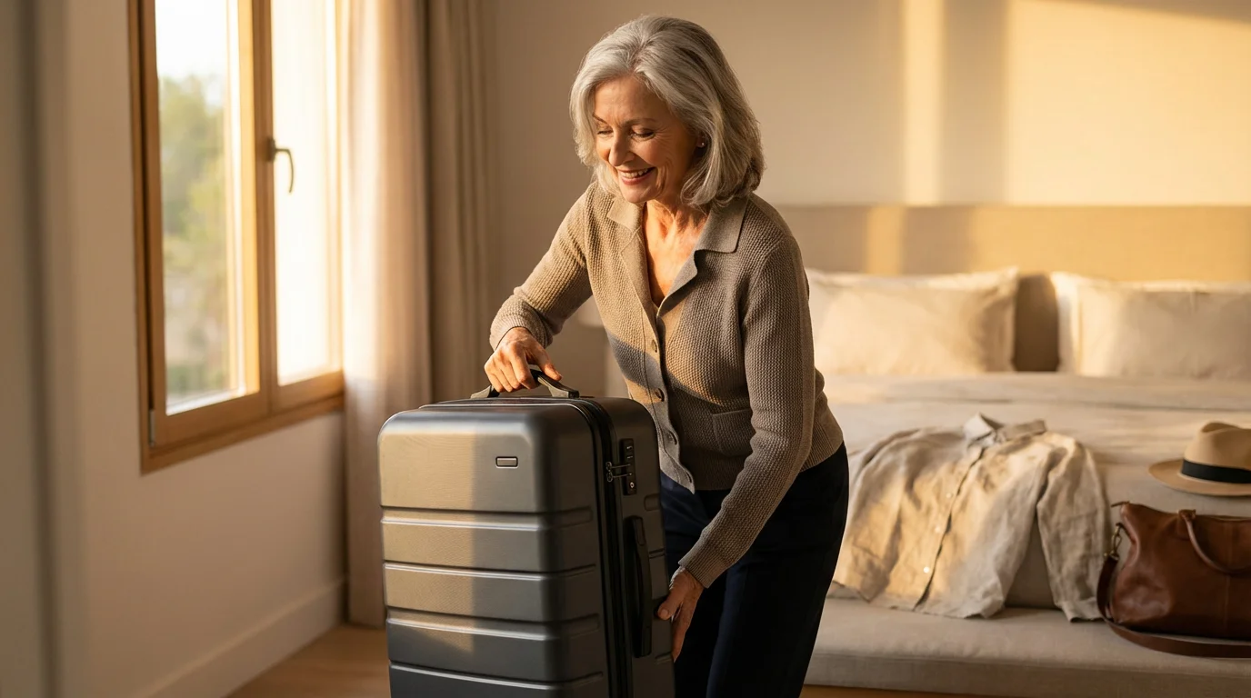 A senior woman smiles while holding a lightweight carry-on suitcase in a sunlit bedroom.